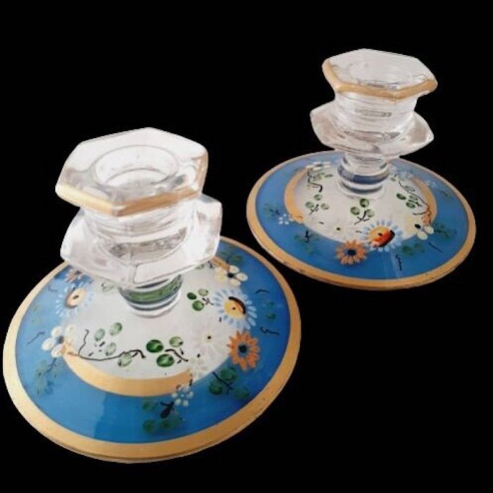 Vintage Depression Glass Floral Hand Painted Candlesticks